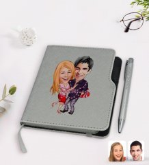 Kişiye Özel Sevgililer Karikatürlü Gri Termo Deri Defter Kalem Seti-2