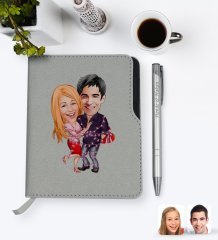 Kişiye Özel Sevgililer Karikatürlü Gri Termo Deri Defter Kalem Seti-2