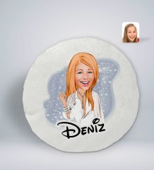 Kişiye Özel İsimli Kadın Model Karikatürlü Yuvarlak Araç Koltuk Yastığı-2