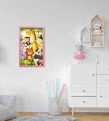 BK Home Sevimli Hayvanlar Tasarımlı Dekoratif Pembe Ahşap Çerçeveli Çocuk Odası Tablo-1