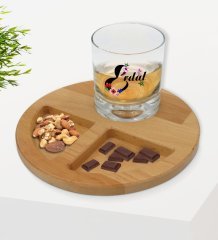 Kişiye Özel Harfli İsimli Viski Bardağı ve Doğal Masif Ahşap Yuvarlak Sunum Tabağı Çerezlik Hediye Seti-3