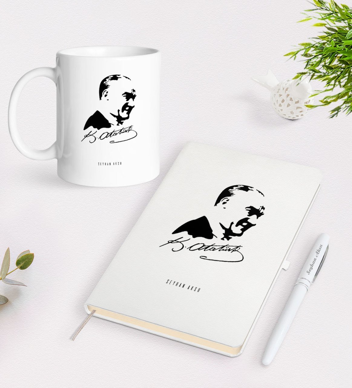 Kişiye Özel Atatürk Temalı Beyaz Defter Kalem Kupa Seti-26