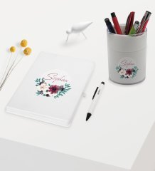 BK Gift Kişiye Özel Çiçek Tasarımlı Beyaz Defter Kalem ve Kalemlik Hediye Seti - Model 25