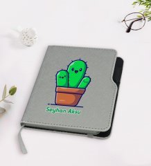 Kişiye Özel Kaktüs Tasarımlı Gri Termo Deri Defter-3