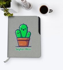 Kişiye Özel Kaktüs Tasarımlı Gri Termo Deri Defter-3