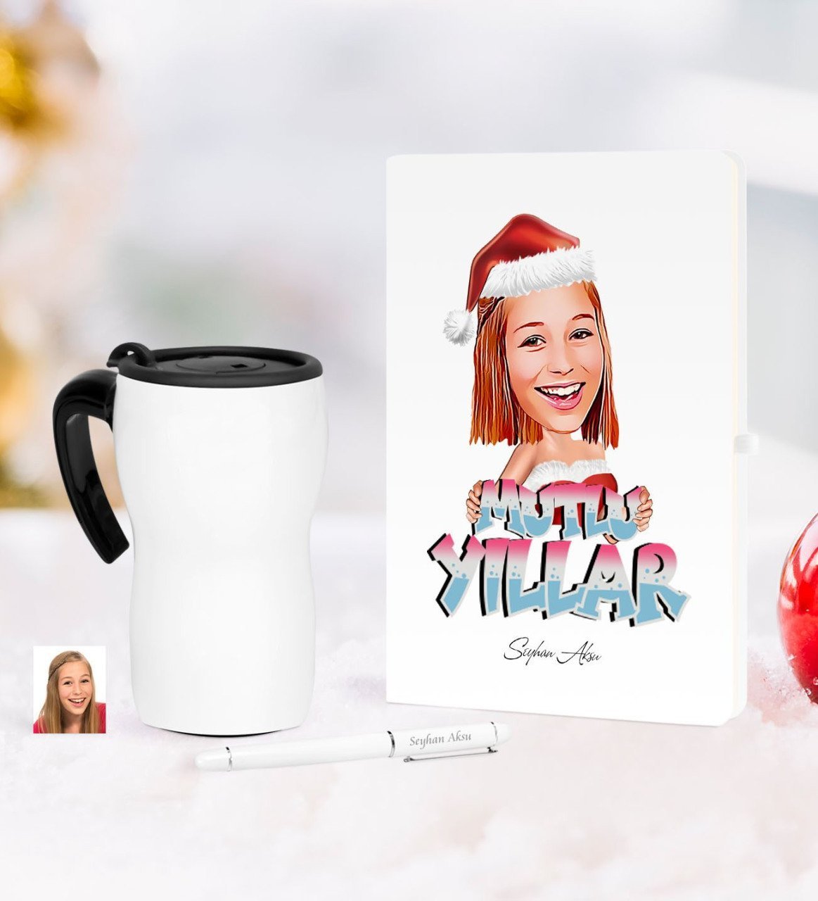 Kişiye Özel Yılbaşı Bayan Karikatürlü Beyaz Defter Kalem Termos Mug Seti - 5