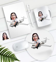 Kişiye Özel Bayan Kaptan Pilot Karikatürlü Defter Kalem Kupa Mouse Pad Seti