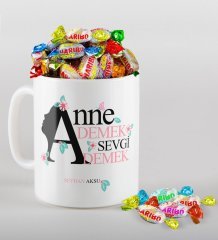 Kişiye Özel Anne Demek Sevgi Demek Tasarımlı Beyaz Kupa ve Haribo Şeker Hediye Seti-1