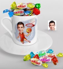 Kişiye Özel Bay Basketbolcu Karikatürlü Türk Kahvesi Fincanı ve Haribo Şeker Hediye Seti-1