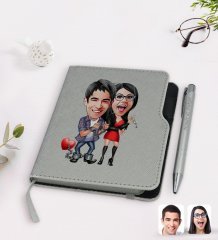 Kişiye Özel Sevgililer Karikatürlü Gri Termo Deri Defter Kalem Seti-1
