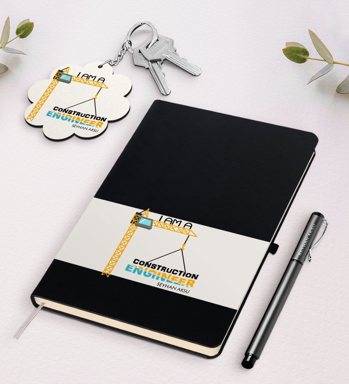 Kişiye Özel İnşaat Mühendisi Siyah Defter Kalem Ve Anahtarlık Hediye Seti-1