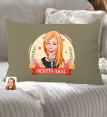 BK Gift Kişiye Özel Anneler Günü Karikatürlü Premium Kumaş Haki Dikdörtgen Kırlent Yastık, Anneler Günü Hediyesi, Ev Dekorasyonu-6