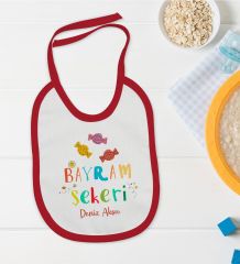 BK Kids Kişiye Özel Bayram Şekeri Tasarımlı Kırmızı Bebek Mama Önlüğü-1