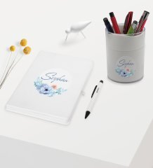 BK Gift Kişiye Özel Çiçek Tasarımlı Beyaz Defter Kalem ve Kalemlik Hediye Seti - Model 24