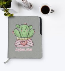 Kişiye Özel Kaktüs Tasarımlı Gri Termo Deri Defter-2