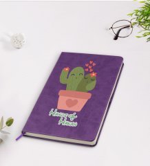 Kişiye Özel Kaktüs Tasarımlı Mor Termo Deri Defter Model 11