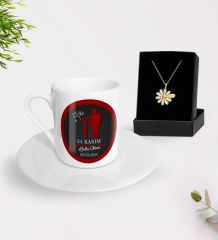 BK Gift Kişiye Özel Öğretmenler Günü Türk Kahvesi Fincanı ve İsimli Papatya Kolye Hediye Seti- 11, Öğretmene Hediye, Öğretmenler Günü