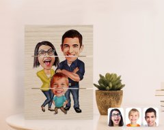 Kişiye Özel Aile Karikatürlü Otantik Masaüstü Ahşap Palet Çerçeve-1