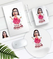 Kişiye Özel Bayan Doğum Günü Karikatürlü Defter Kalem Kupa Mouse Pad Seti-1
