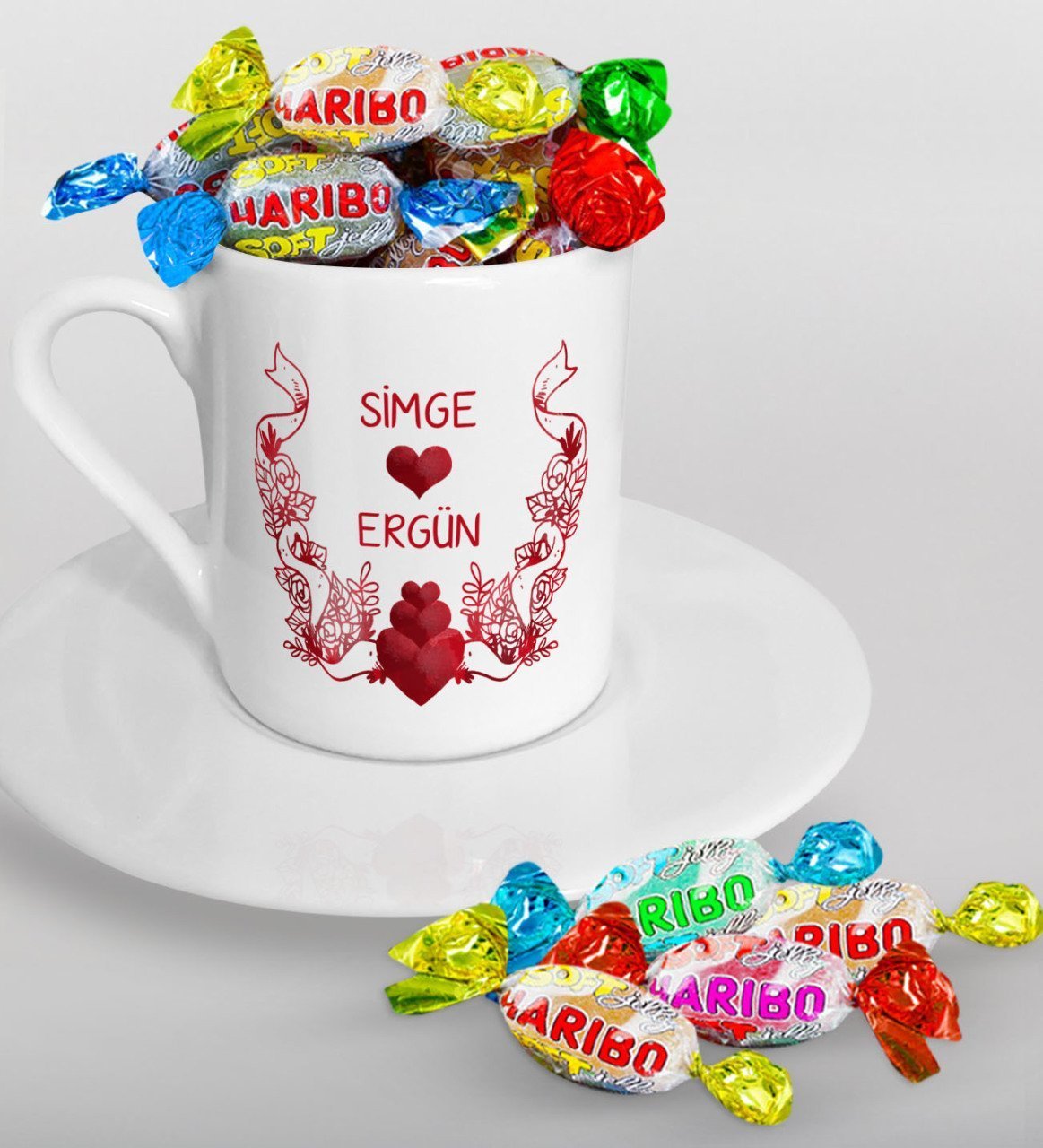 Kişiye Özel Sevgililer Günü Türk Kahvesi Fincanı ve Haribo Şeker Hediye Seti-53