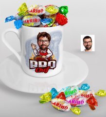 Kişiye Özel Bay Barbekü Chef Karikatürlü Türk Kahvesi Fincanı ve Haribo Şeker Hediye Seti-1