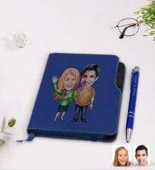 Kişiye Özel Sevgililer Karikatürlü Lacivert Termo Deri Defter Kalem Seti-110