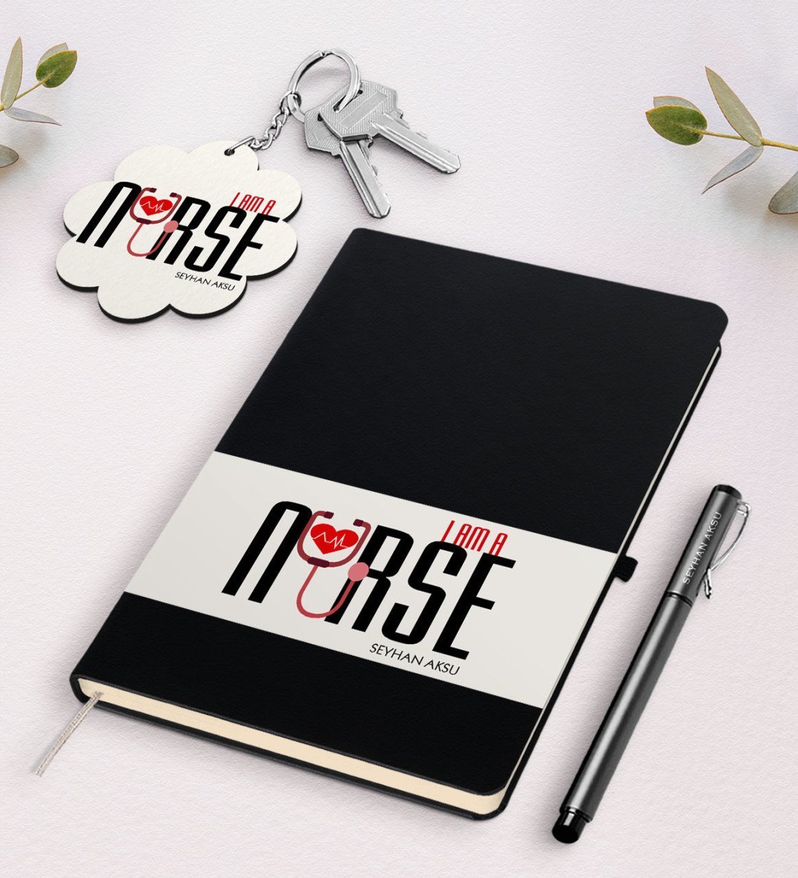 Kişiye Özel Hemşire Siyah Defter Kalem Ve Anahtarlık Hediye Seti-1
