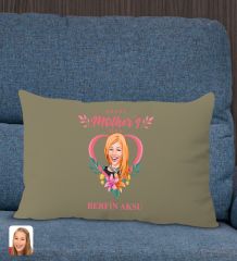 BK Gift Kişiye Özel Anneler Günü Karikatürlü Premium Kumaş Haki Dikdörtgen Kırlent Yastık, Anneler Günü Hediyesi, Ev Dekorasyonu-5