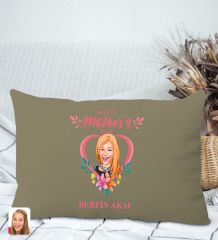 BK Gift Kişiye Özel Anneler Günü Karikatürlü Premium Kumaş Haki Dikdörtgen Kırlent Yastık, Anneler Günü Hediyesi, Ev Dekorasyonu-5