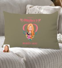 BK Gift Kişiye Özel Anneler Günü Karikatürlü Premium Kumaş Haki Dikdörtgen Kırlent Yastık, Anneler Günü Hediyesi, Ev Dekorasyonu-5