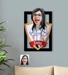 Kişiye Özel İsimli Kadın Doktor Karikatürlü 3D Ahşap Tablo-1