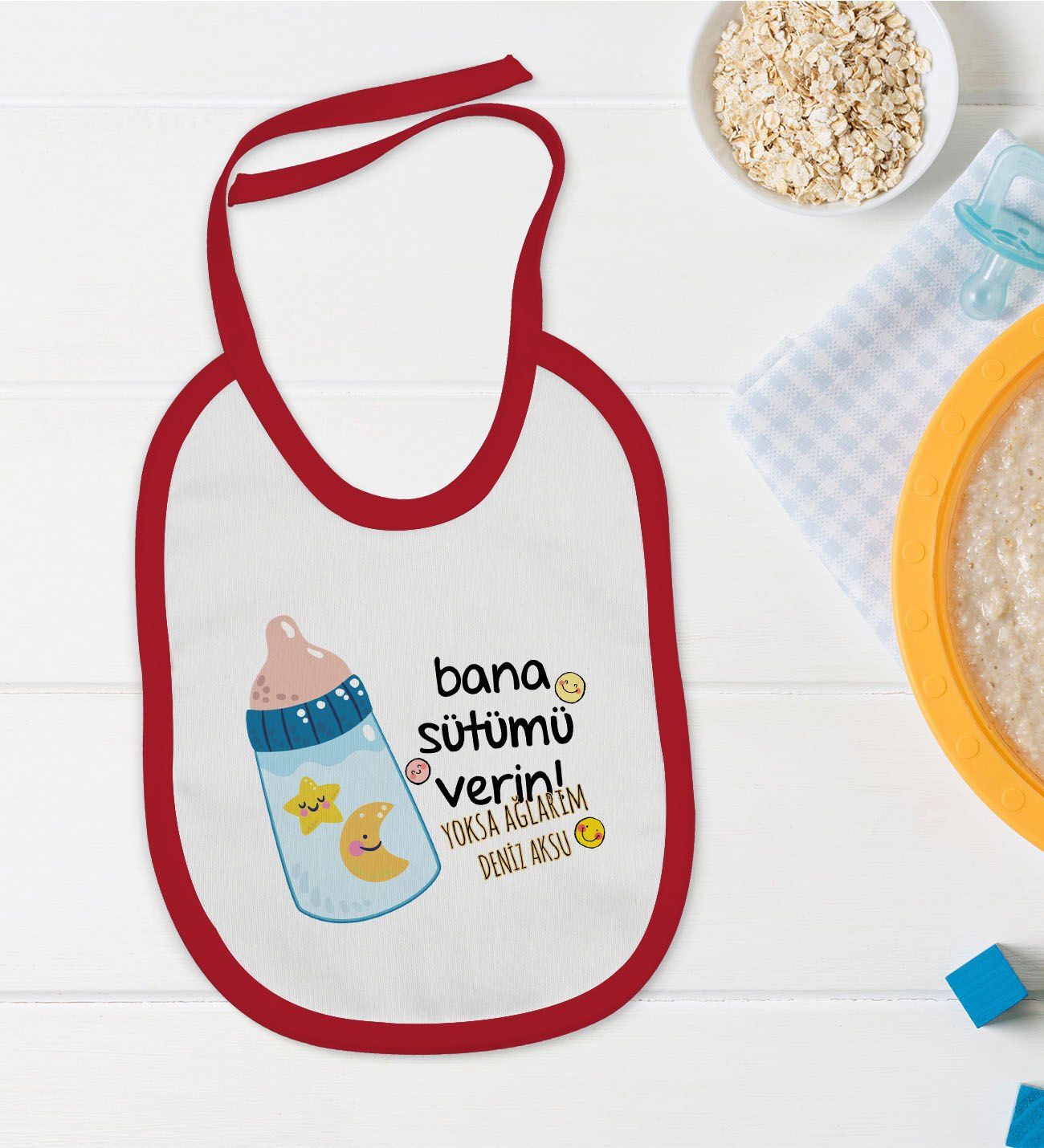 BK Kids Kişiye Özel Bana Sütümü Verin Tasarımlı Kırmızı Bebek Mama Önlüğü-1