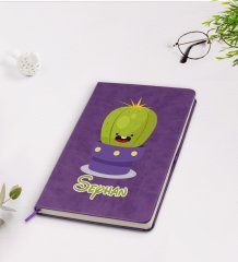 Kişiye Özel Kaktüs Tasarımlı Mor Termo Deri Defter Model 10
