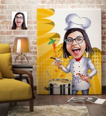 Kişiye Özel Bayan Master Chef Karikatür Kanvas Tablo (70 x 100 cm.) 1