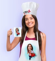 Kişiye Özel Ev Hanımı Anne Karikatürlü Mutfak Önlüğü Aşçı Şapkası ve Kupa Seti - 2
