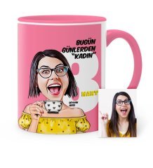 Kişiye Özel Kadınlar Günü Temalı Karikatür Pembe Kupa Bardak - 3