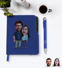Kişiye Özel Sevgililer Karikatürlü Lacivert Termo Deri Defter Kalem Seti-109