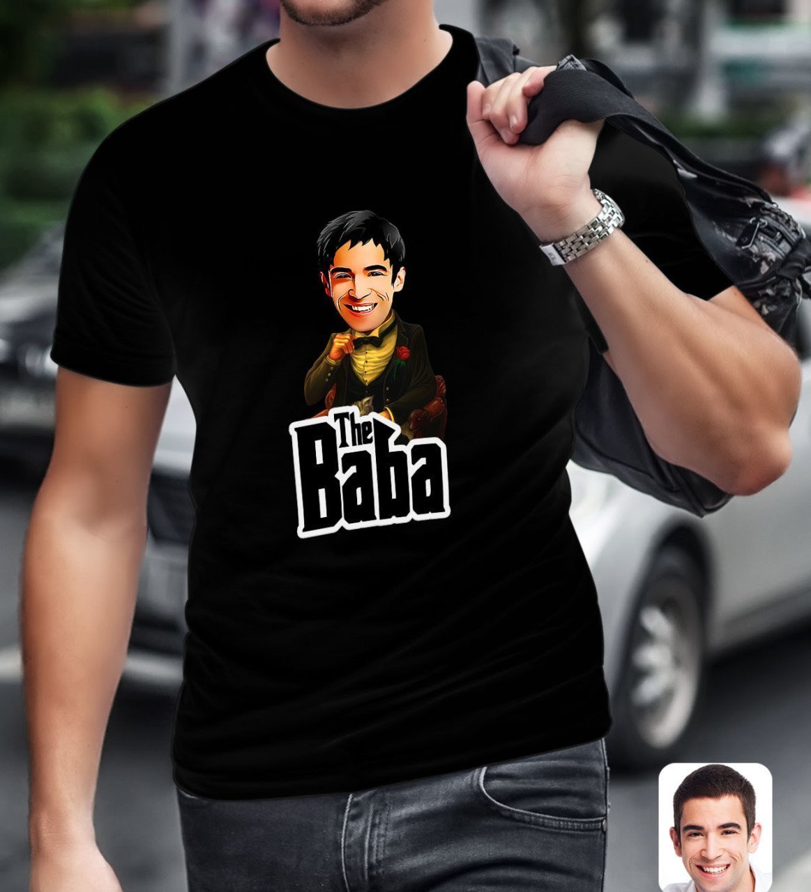 Kişiye Özel Godfather Baba Karikatürlü Siyah T-Shirt-3