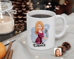 Kişiye Özel Şarkı Söyleyen Kız Karikatürlü Beyaz Kupa Bardak-2