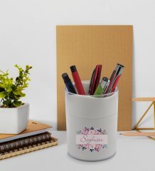 BK Gift Kişiye Özel Çiçek Tasarımlı Beyaz Defter Kalem ve Kalemlik Hediye Seti - Model 22