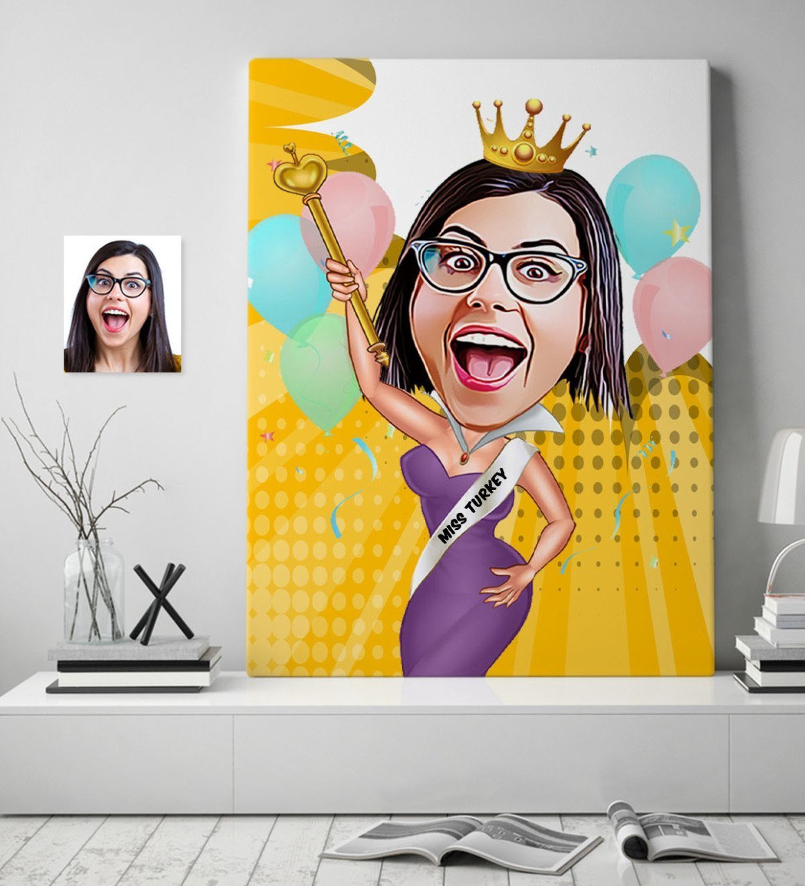 Kişiye Özel Bayan Güzellik Kraliçesi Karikatür Kanvas Tablo (70 x 100 cm.) 1