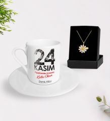 BK Gift Kişiye Özel Öğretmenler Günü Türk Kahvesi Fincanı ve İsimli Papatya Kolye Hediye Seti- 9, Öğretmene Hediye, Öğretmenler Günü