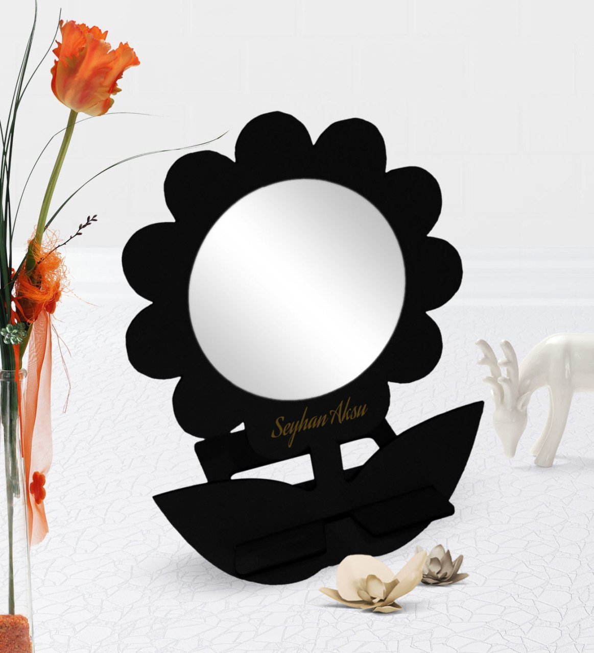 Kişiye Özel Siyah Papatya Tasarımlı Ahşap Masa ve Makyaj Aynası