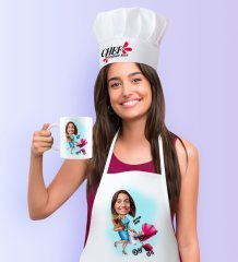 Kişiye Özel Ev Hanımı Anne Karikatürlü Mutfak Önlüğü Aşçı Şapkası ve Kupa Seti - 1
