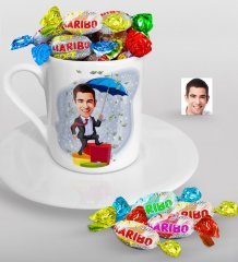 Kişiye Özel Bay Bankacı Karikatürlü Türk Kahvesi Fincanı ve Haribo Şeker Hediye Seti-3