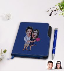 Kişiye Özel Sevgililer Karikatürlü Lacivert Termo Deri Defter Kalem Seti-108