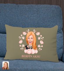 BK Gift Kişiye Özel Anneler Günü Karikatürlü Premium Kumaş Haki Dikdörtgen Kırlent Yastık, Anneler Günü Hediyesi, Ev Dekorasyonu-3