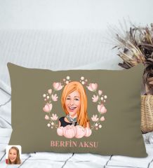 BK Gift Kişiye Özel Anneler Günü Karikatürlü Premium Kumaş Haki Dikdörtgen Kırlent Yastık, Anneler Günü Hediyesi, Ev Dekorasyonu-3