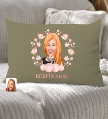 BK Gift Kişiye Özel Anneler Günü Karikatürlü Premium Kumaş Haki Dikdörtgen Kırlent Yastık, Anneler Günü Hediyesi, Ev Dekorasyonu-3
