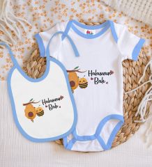 BK Kids Halasının Balı Tasarımlı Mavi Bebek Body Zıbın ve Mama Önlüğü Hediye Seti-1